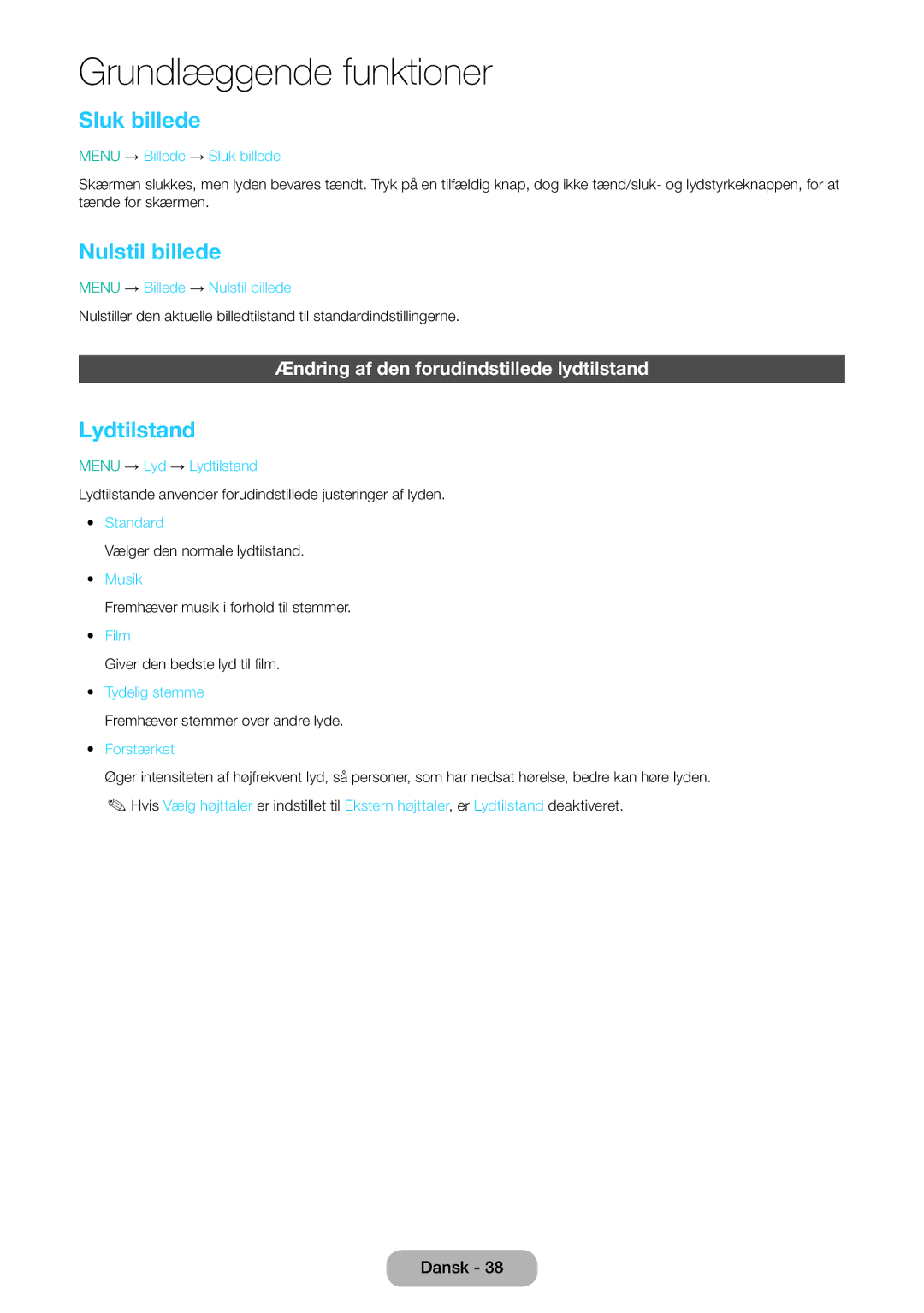 Samsung LT24E310EX/XE manual Sluk billede, Nulstil billede, Lydtilstand, Ændring af den forudindstillede lydtilstand 