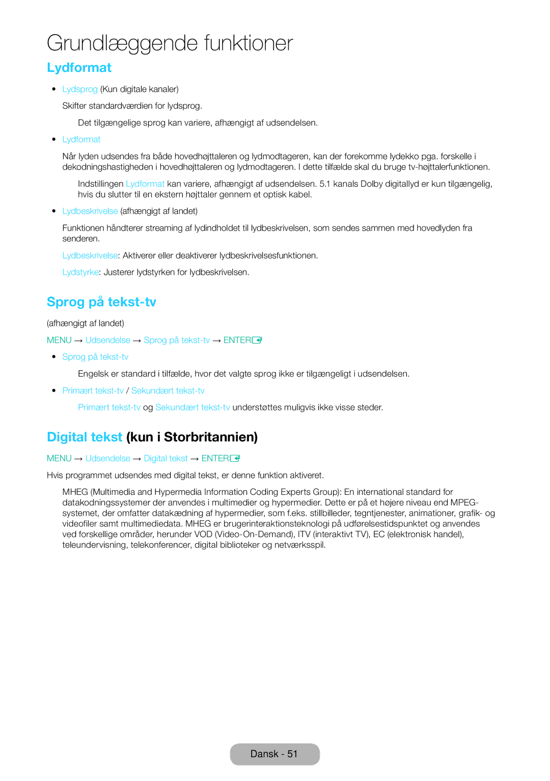 Samsung LT28E310EX/XE, LT24E310EXQ/XE, LT32E310EXQ/XE manual Lydformat, Sprog på tekst-tv, Digital tekst kun i Storbritannien 