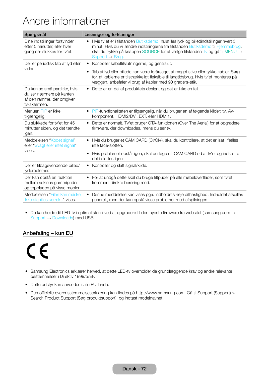 Samsung LT24E310EXQ/XE Anbefaling kun EU, Support → Brug, Eller Svagt eller intet signal, Meddelelsen Filen kan måske 