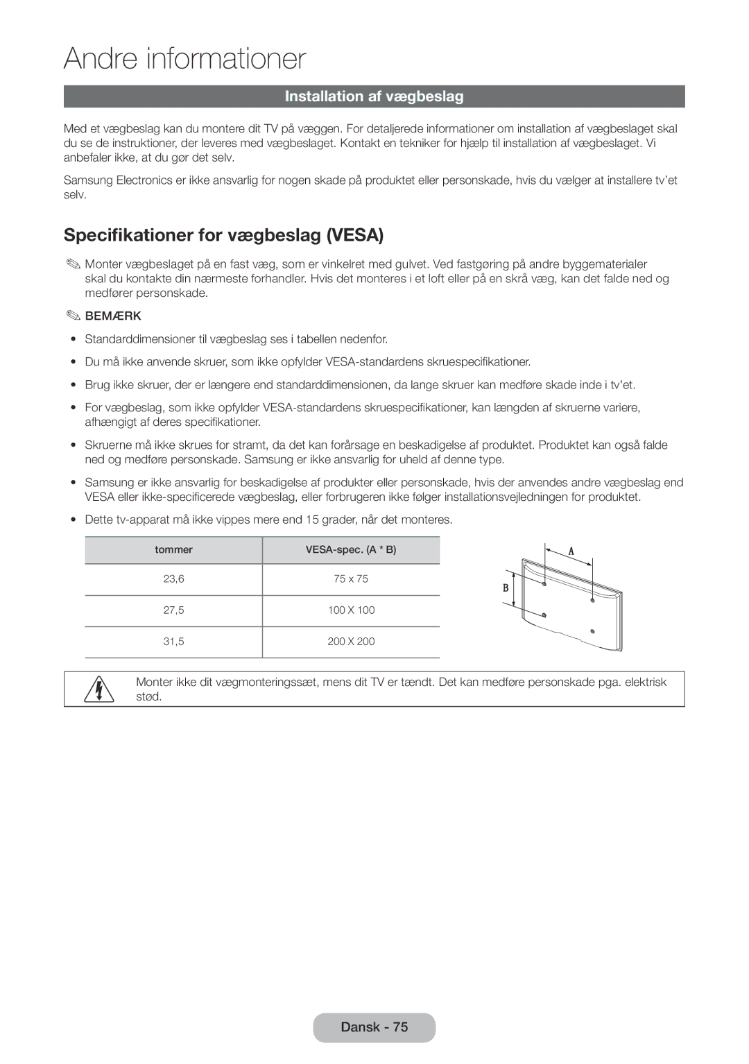 Samsung LT28E310EX/XE, LT24E310EXQ/XE, LT32E310EXQ/XE manual Specifikationer for vægbeslag Vesa, Installation af vægbeslag 