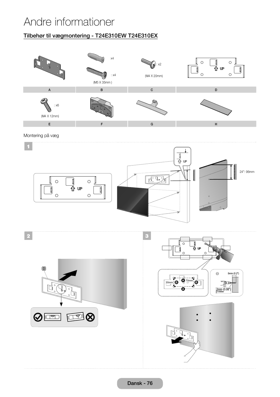 Samsung LT32E310EX/XE, LT24E310EXQ/XE, LT32E310EXQ/XE, LT24E310EX/XE manual Tilbehør til vægmontering T24E310EW T24E310EX 