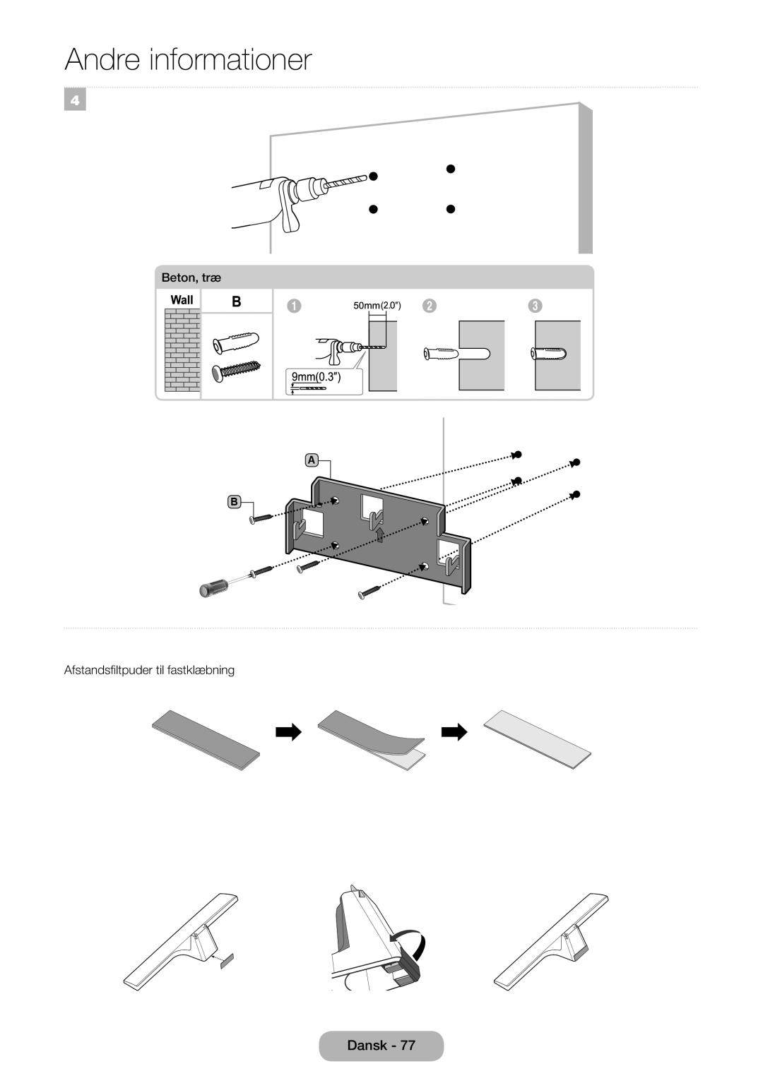 Samsung LT28E310EXQ/XE, LT24E310EXQ/XE, LT32E310EXQ/XE, LT24E310EX/XE manual Beton, træ Afstandsfiltpuder til fastklæbning 