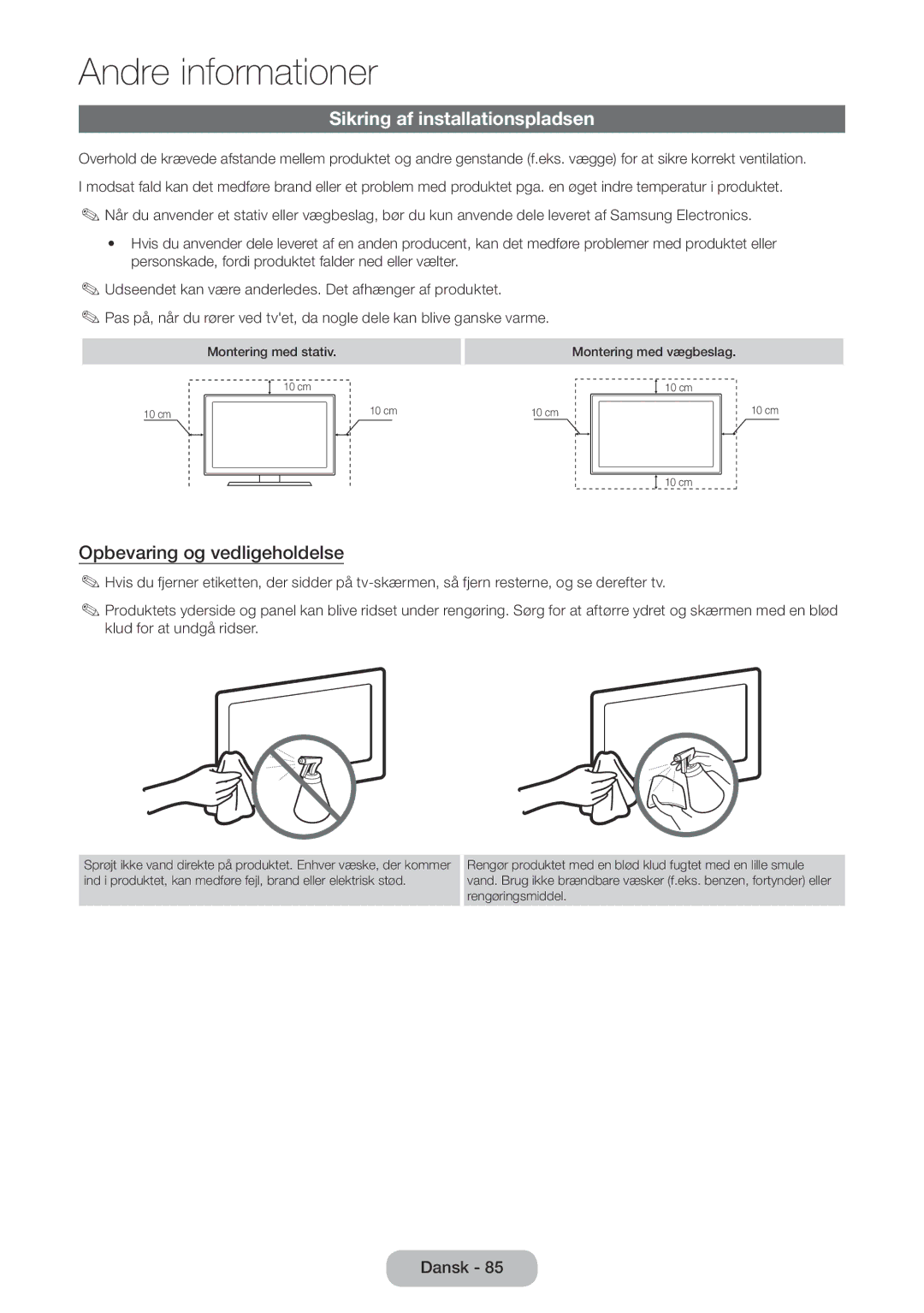 Samsung LT32E310EXQ/XE, LT24E310EXQ/XE, LT24E310EX/XE manual Sikring af installationspladsen, Opbevaring og vedligeholdelse 