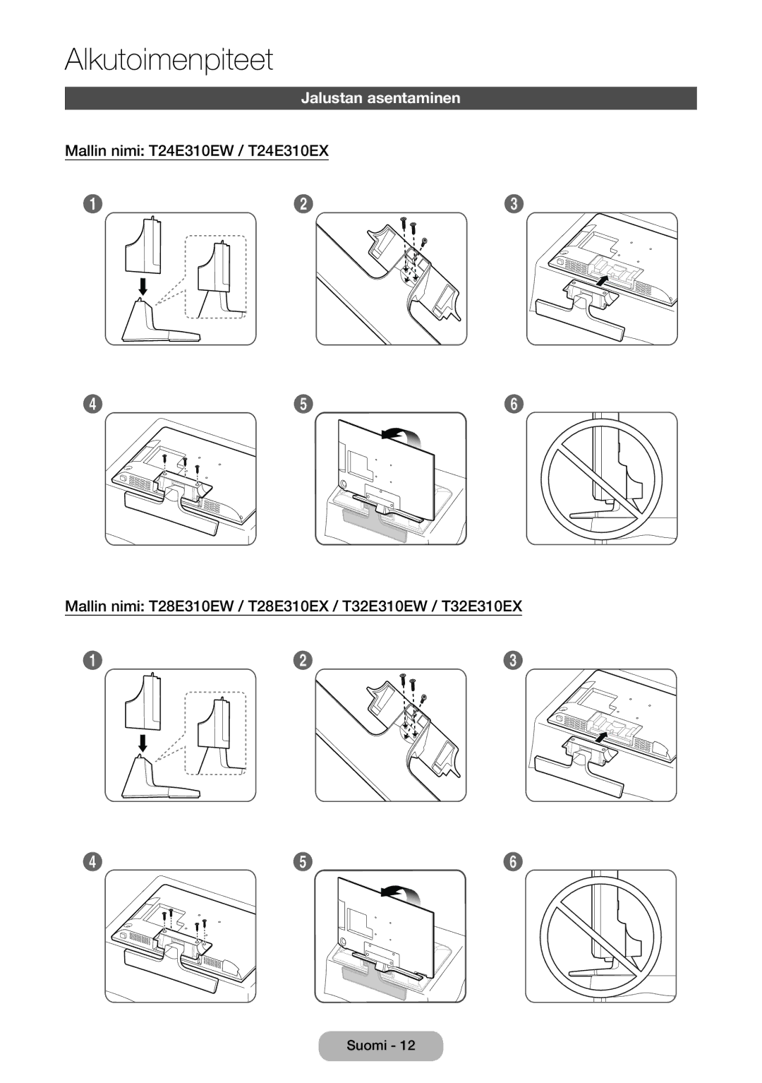 Samsung LT24E310EXQ/XE, LT32E310EXQ/XE, LT24E310EX/XE, LT28E310EX/XE, LT32E310EX/XE, LT28E310EXQ/XE manual Jalustan asentaminen 