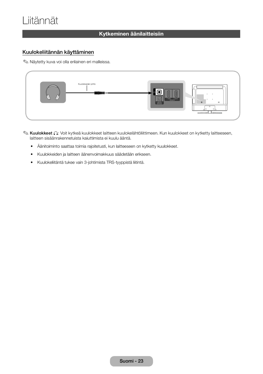 Samsung LT28E310EXQ/XE, LT24E310EXQ/XE, LT32E310EXQ/XE manual Kytkeminen äänilaitteisiin, Kuulokeliitännän käyttäminen 