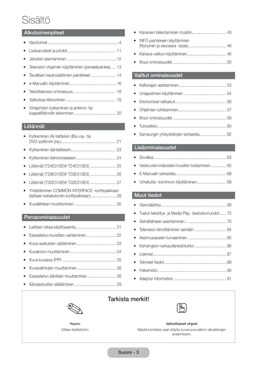 Samsung LT28E310EX/XE, LT24E310EXQ/XE, LT32E310EXQ/XE, LT24E310EX/XE, LT32E310EX/XE, LT28E310EXQ/XE manual Sisältö 