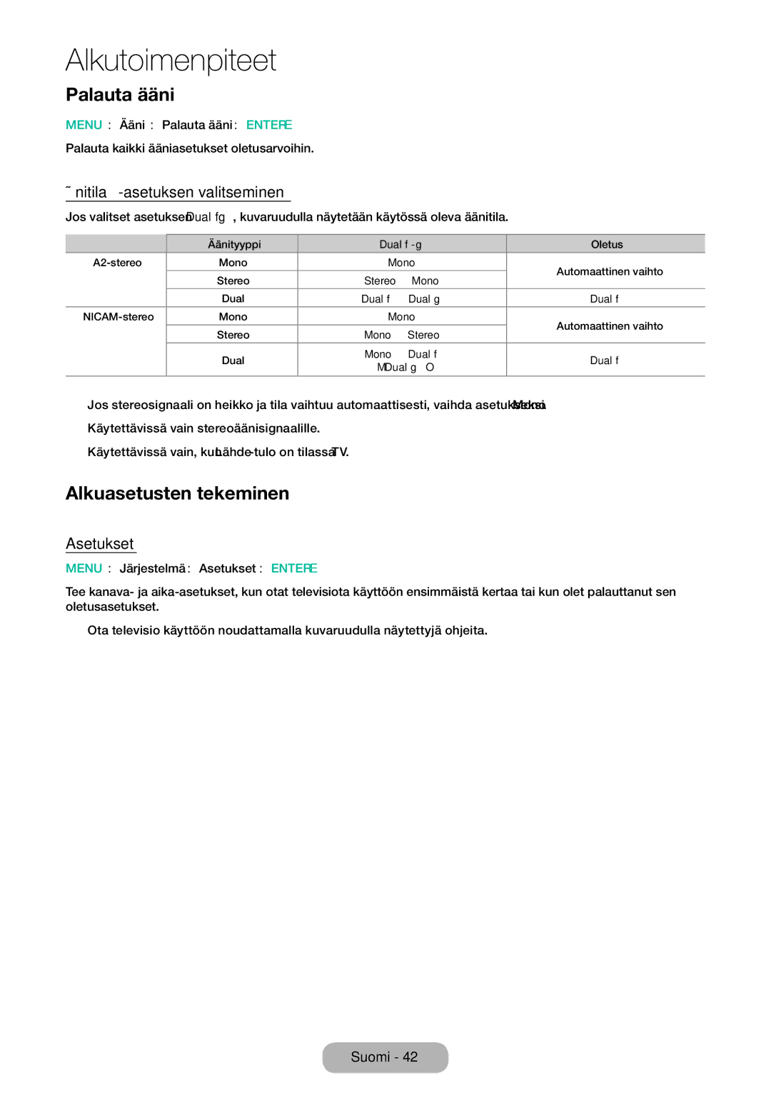 Samsung LT24E310EXQ/XE, LT32E310EXQ/XE Palauta ääni, Alkuasetusten tekeminen, Äänitila-asetuksen valitseminen, Asetukset 