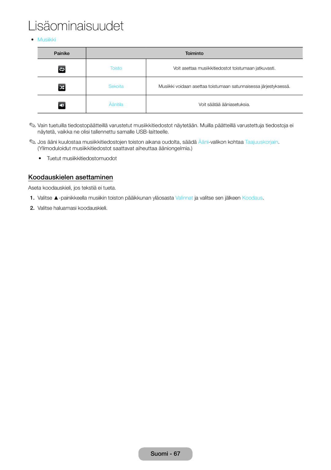 Samsung LT32E310EXQ/XE, LT24E310EXQ/XE, LT24E310EX/XE, LT28E310EX/XE, LT32E310EX/XE manual Koodauskielen asettaminen, Musiikki 