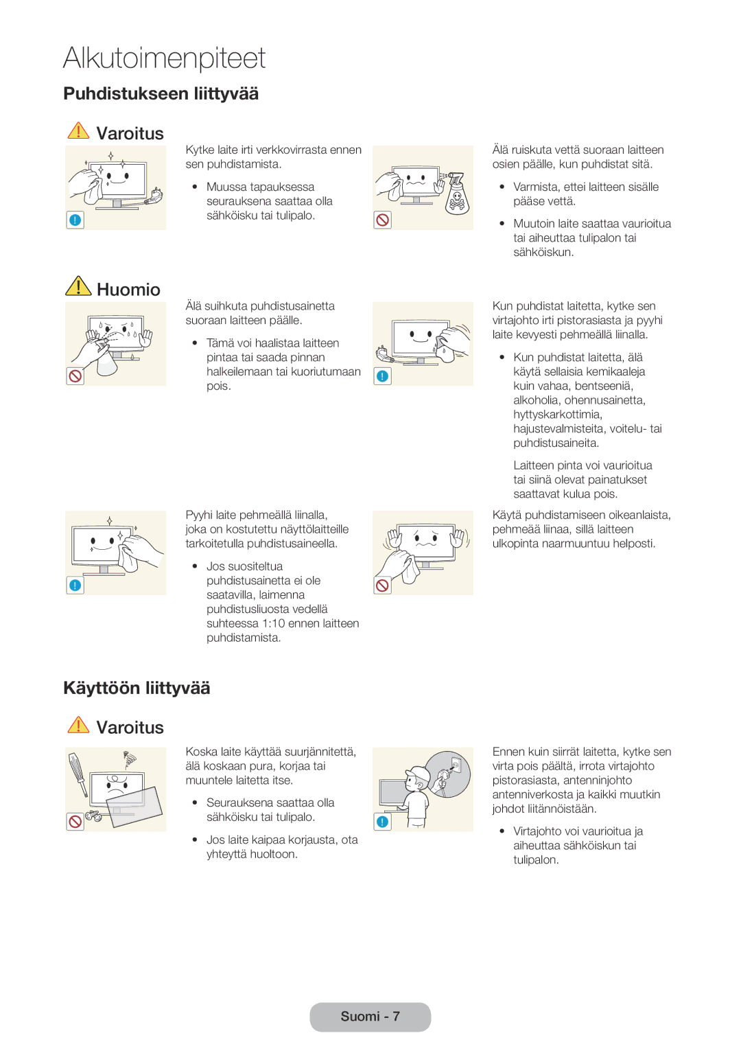 Samsung LT32E310EXQ/XE, LT24E310EXQ/XE, LT24E310EX/XE, LT28E310EX/XE manual Puhdistukseen liittyvää, Käyttöön liittyvää 