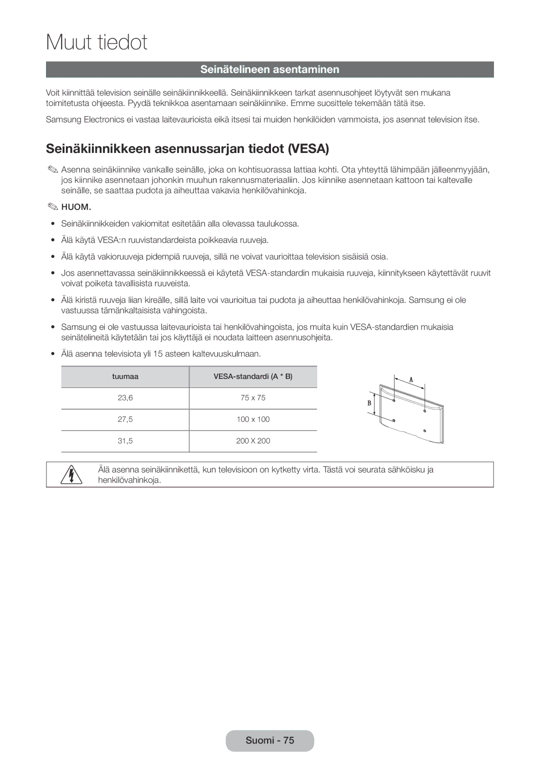 Samsung LT28E310EX/XE, LT24E310EXQ/XE, LT32E310EXQ/XE Seinäkiinnikkeen asennussarjan tiedot Vesa, Seinätelineen asentaminen 