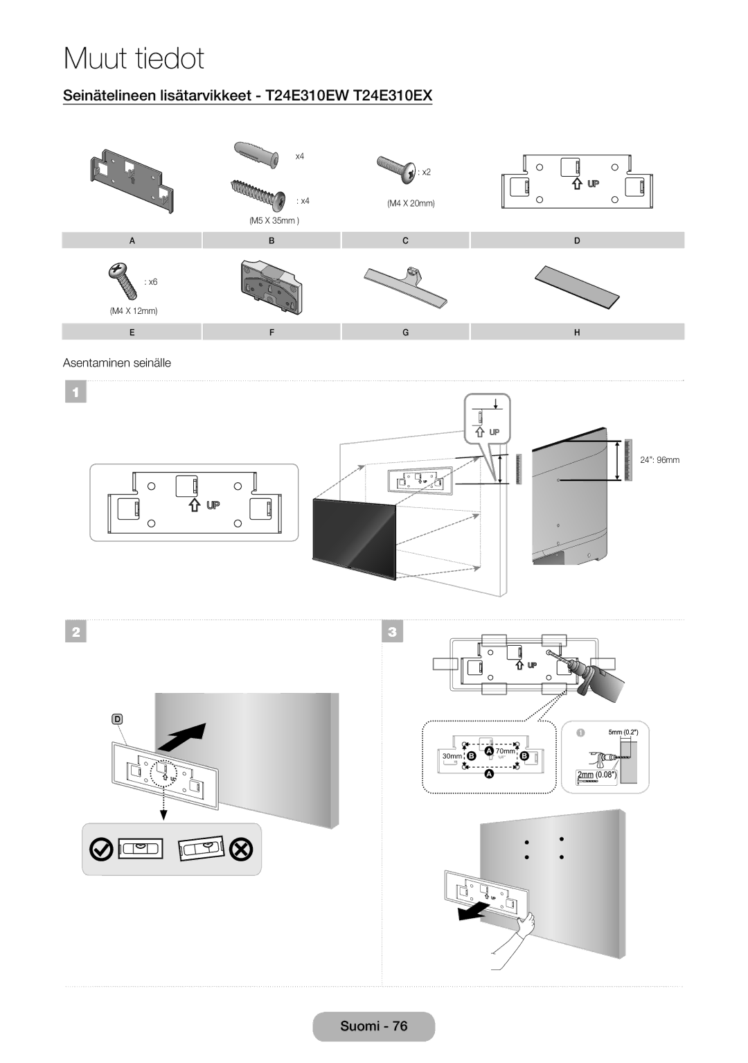 Samsung LT32E310EX/XE, LT24E310EXQ/XE, LT32E310EXQ/XE, LT24E310EX/XE manual Seinätelineen lisätarvikkeet T24E310EW T24E310EX 