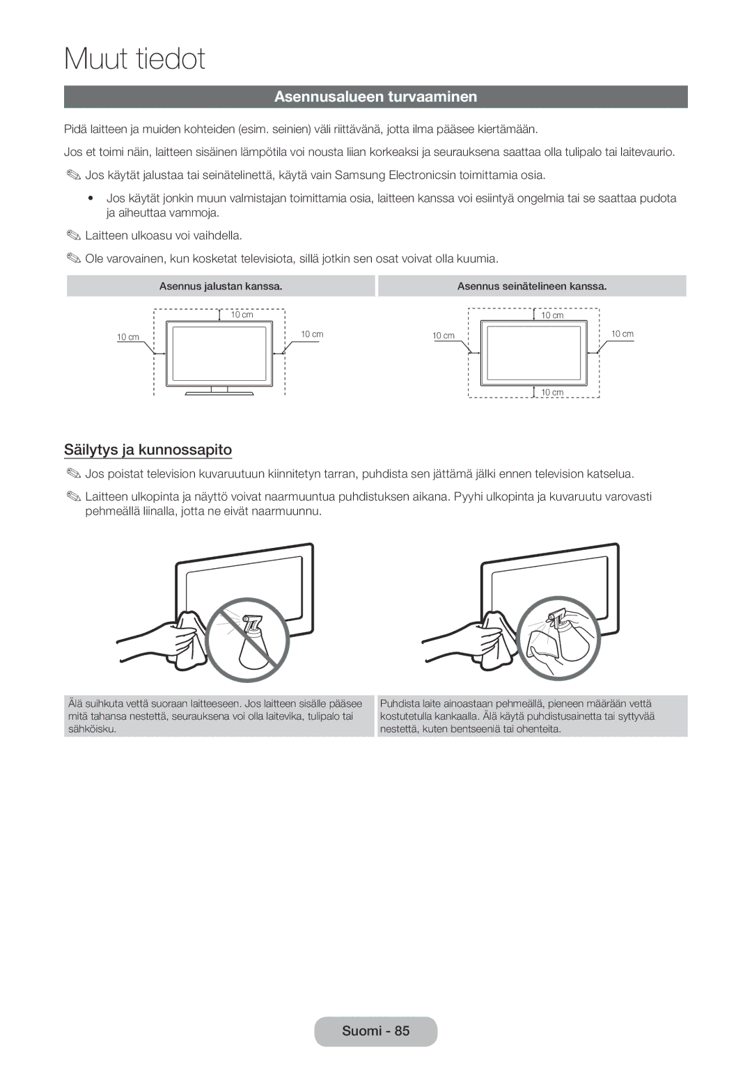 Samsung LT32E310EXQ/XE, LT24E310EXQ/XE, LT24E310EX/XE, LT28E310EX/XE Asennusalueen turvaaminen, Säilytys ja kunnossapito 