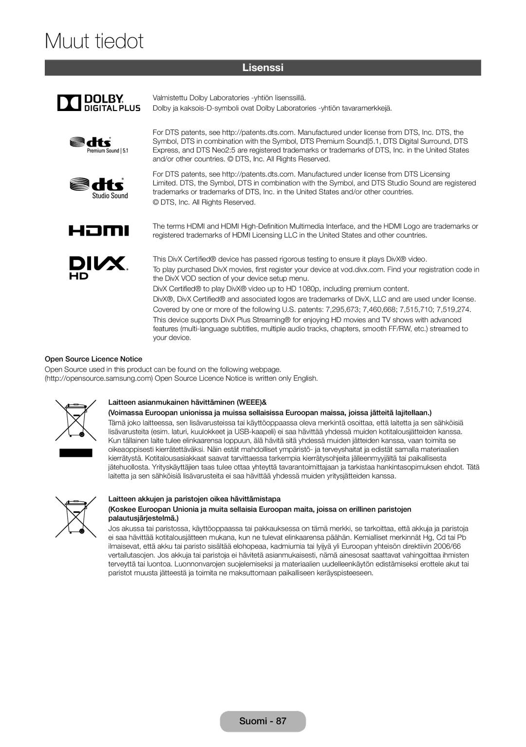 Samsung LT28E310EX/XE, LT24E310EXQ/XE, LT32E310EXQ/XE, LT24E310EX/XE, LT32E310EX/XE, LT28E310EXQ/XE manual Lisenssi 