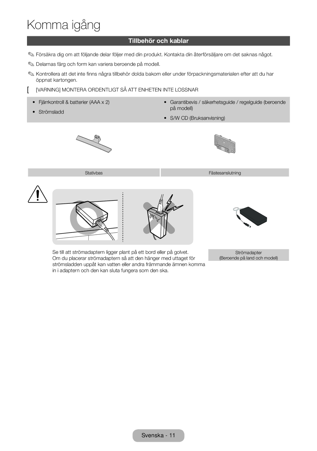 Samsung LT28E310EXQ/XE, LT24E310EXQ/XE manual Tillbehör och kablar, Varning Montera Ordentligt SÅ ATT Enheten Inte Lossnar 