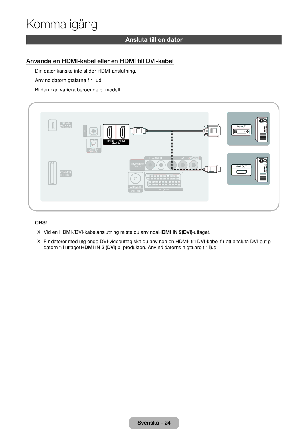 Samsung LT24E310EXQ/XE, LT32E310EXQ/XE manual Ansluta till en dator, Använda en HDMI-kabel eller en Hdmi till DVI-kabel 