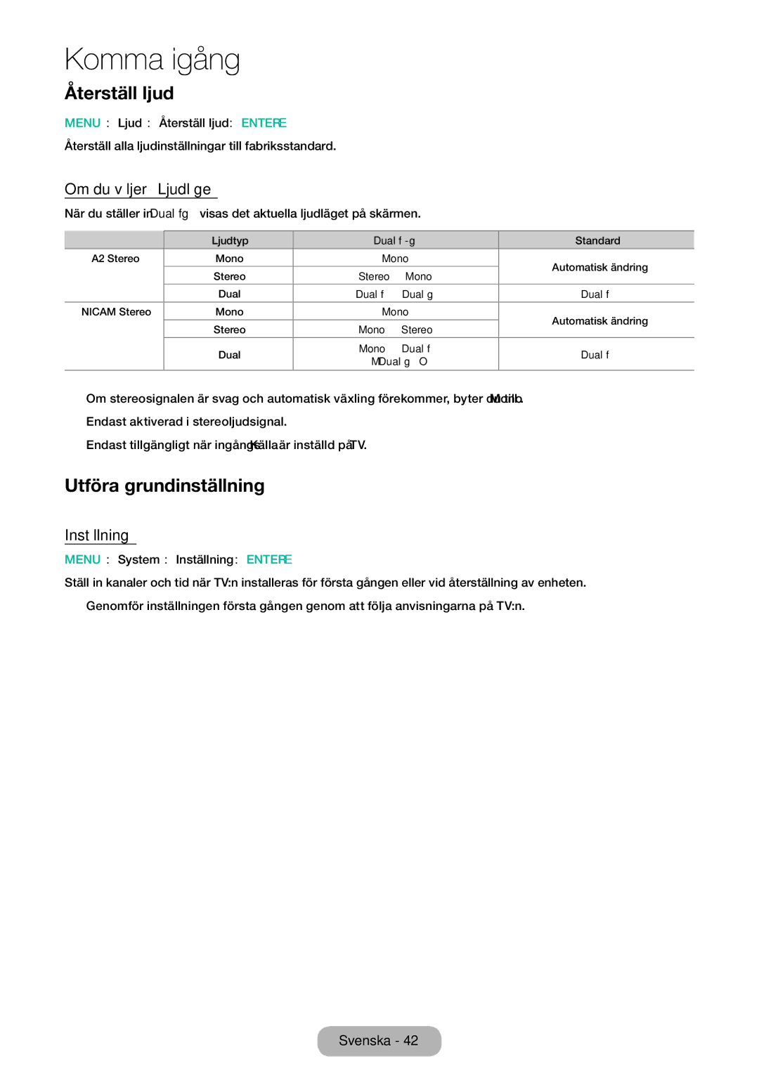 Samsung LT24E310EXQ/XE, LT32E310EXQ/XE manual Återställ ljud, Utföra grundinställning, Om du väljer Ljudläge, Inställning 