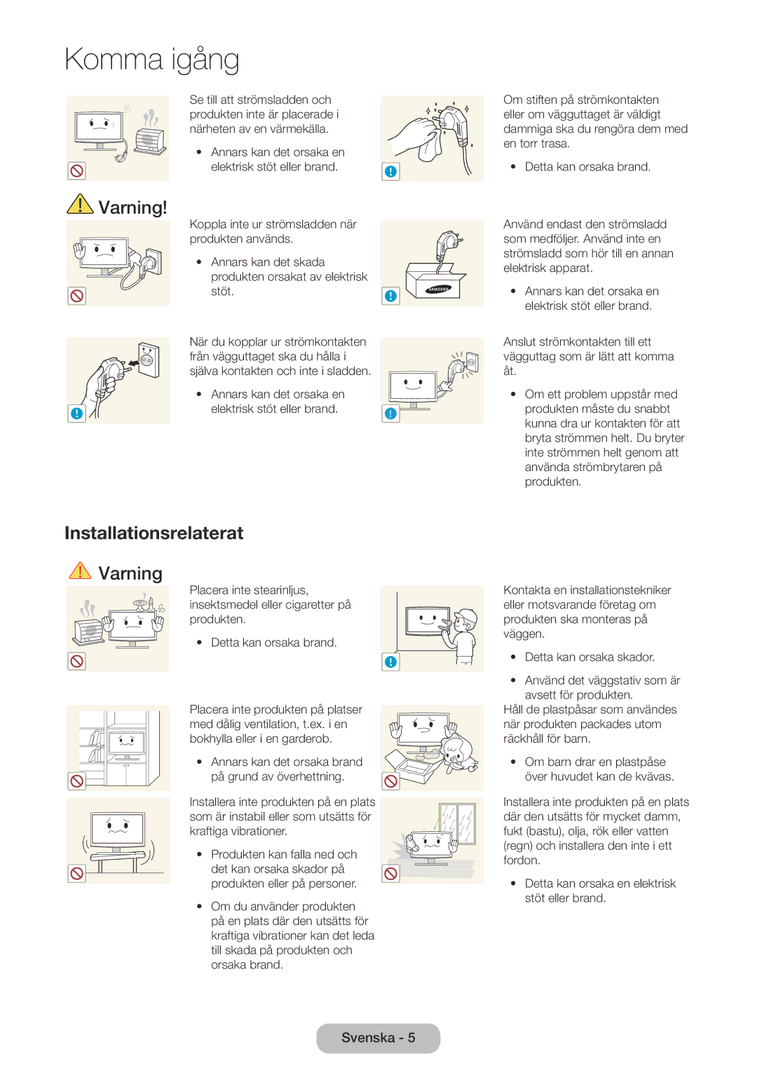 Samsung LT28E310EXQ/XE, LT24E310EXQ/XE, LT32E310EXQ/XE, LT24E310EX/XE Installationsrelaterat, Elektrisk stöt eller brand 