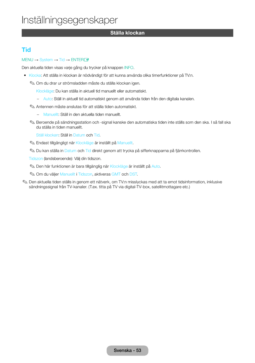 Samsung LT28E310EXQ/XE manual Ställa klockan, Menu → System → Tid → Entere, Ställ klockan Ställ in Datum och Tid 
