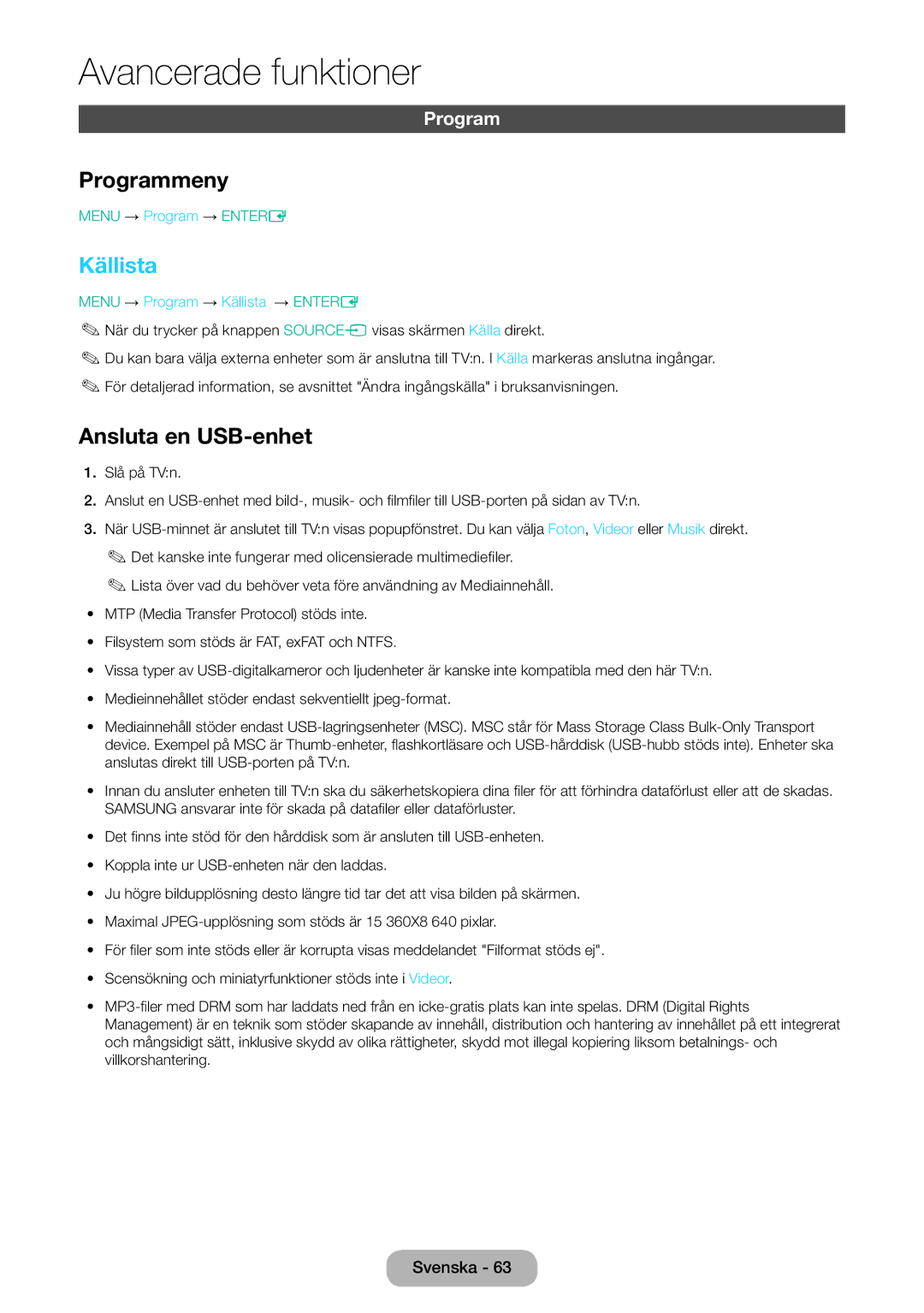 Samsung LT28E310EX/XE, LT24E310EXQ/XE manual Programmeny, Ansluta en USB-enhet, Menu → Program → Källista → Entere 