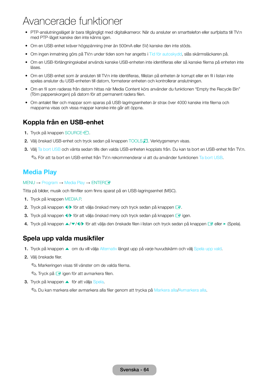 Samsung LT32E310EX/XE, LT24E310EXQ/XE, LT32E310EXQ/XE manual Koppla från en USB-enhet, Media Play, Spela upp valda musikfiler 