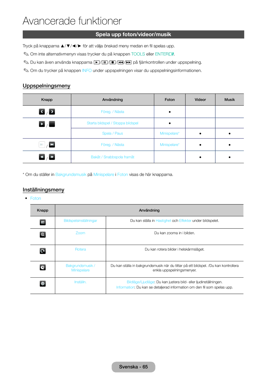 Samsung LT28E310EXQ/XE, LT24E310EXQ/XE manual Spela upp foton/videor/musik, Uppspelningsmeny, Inställningsmeny, Foton 