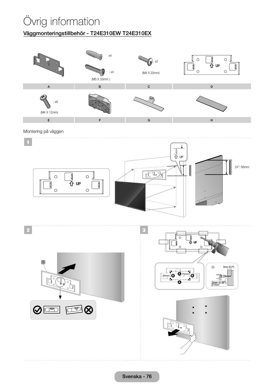 Samsung LT32E310EX/XE, LT24E310EXQ/XE, LT32E310EXQ/XE, LT24E310EX/XE manual Väggmonteringstillbehör T24E310EW T24E310EX 