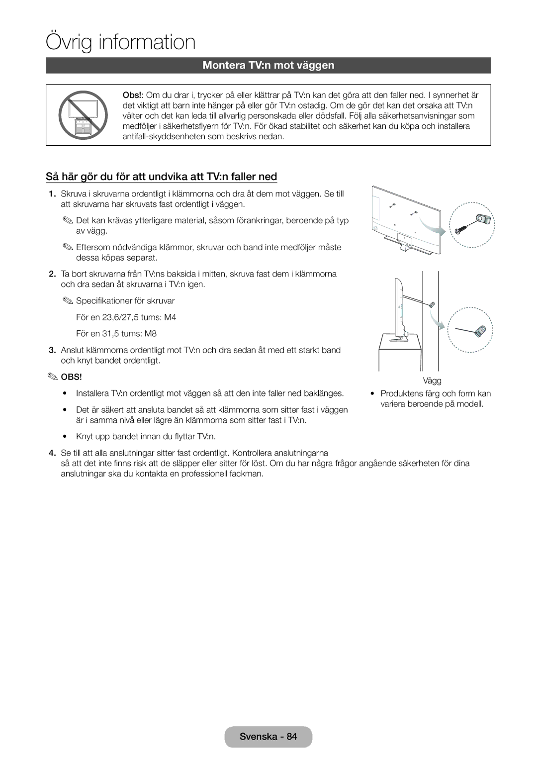 Samsung LT24E310EXQ/XE, LT32E310EXQ/XE manual Montera TVn mot väggen, Så här gör du för att undvika att TVn faller ned 