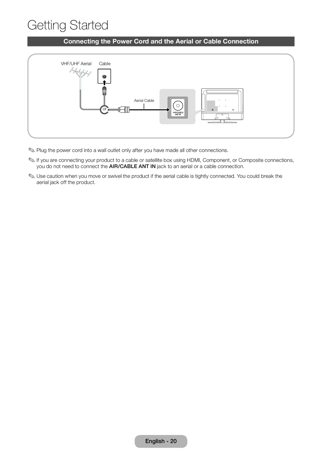 Samsung LT24E310EX/XE, LT24E310EXQ/XE, LT32E310EXQ/XE manual Connecting the Power Cord and the Aerial or Cable Connection 