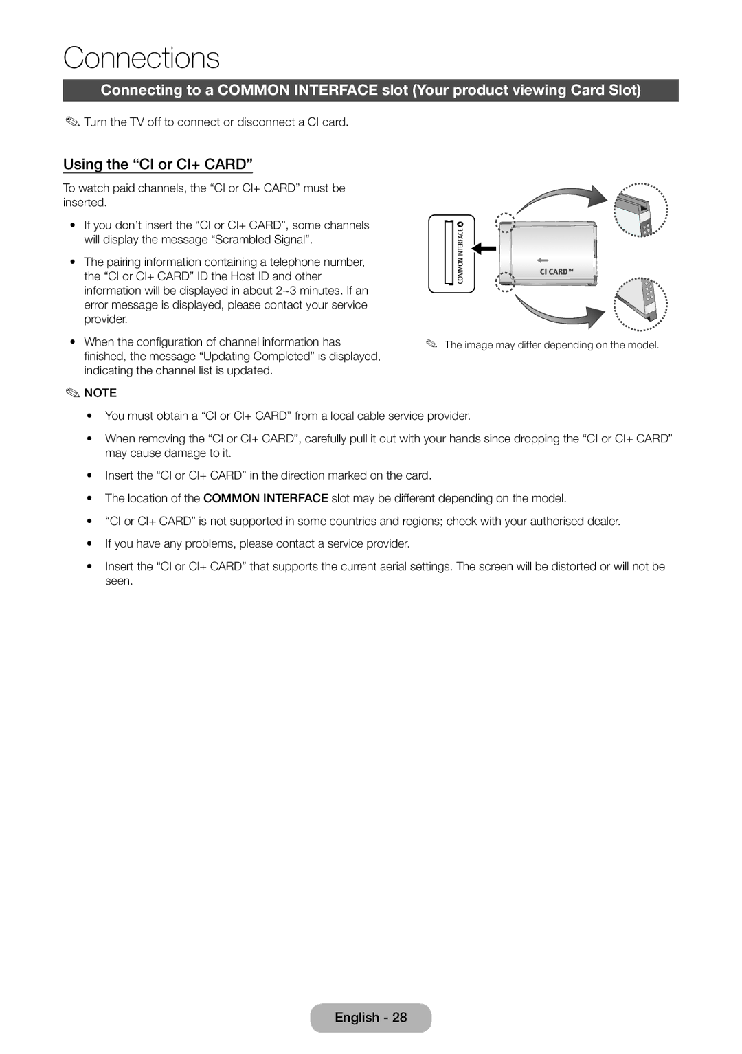 Samsung LT32E310EXQ/XE manual Using the CI or CI+ Card, To watch paid channels, the CI or CI+ Card must be inserted 