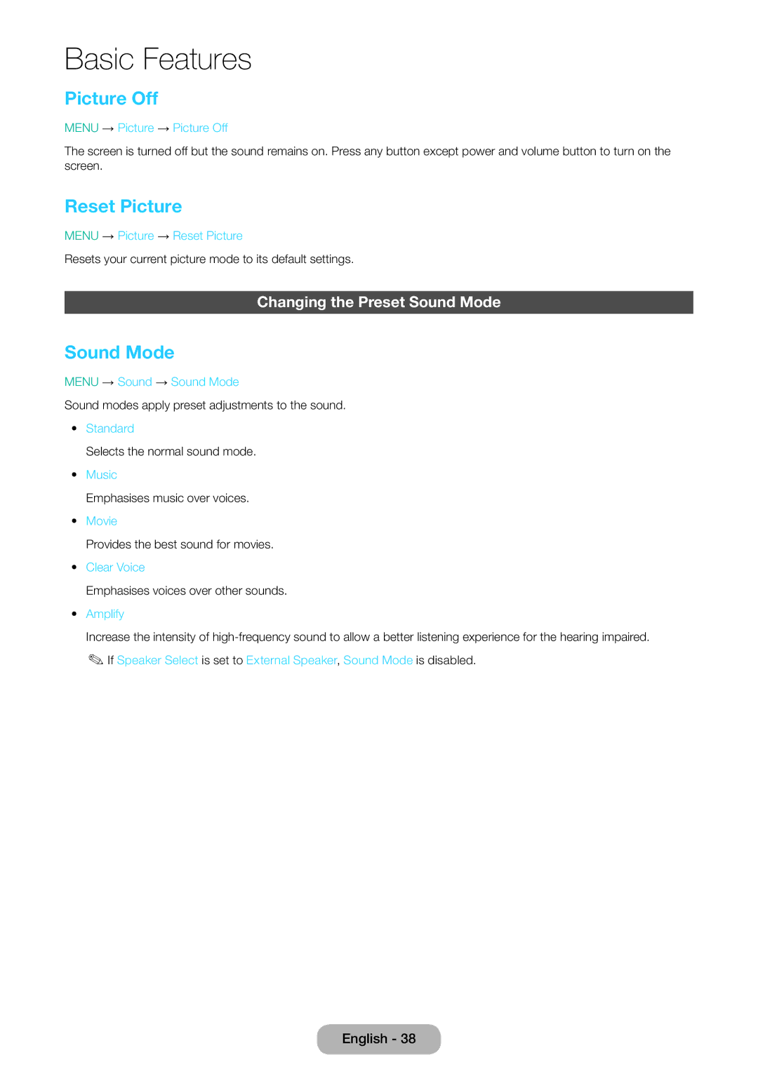 Samsung LT24E310EX/XE, LT24E310EXQ/XE, LT32E310EXQ/XE manual Picture Off, Reset Picture, Changing the Preset Sound Mode 