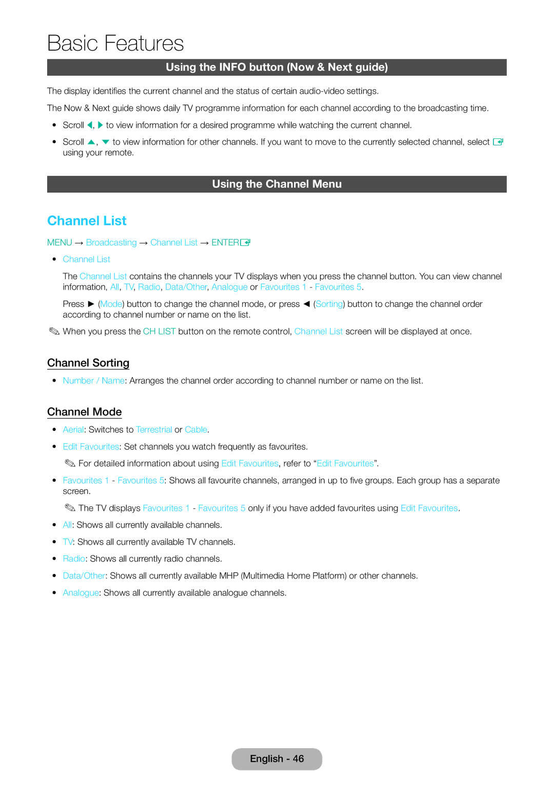 Samsung LT32E310EXQ/XE manual Channel List, Using the Info button Now & Next guide, Using the Channel Menu, Channel Sorting 