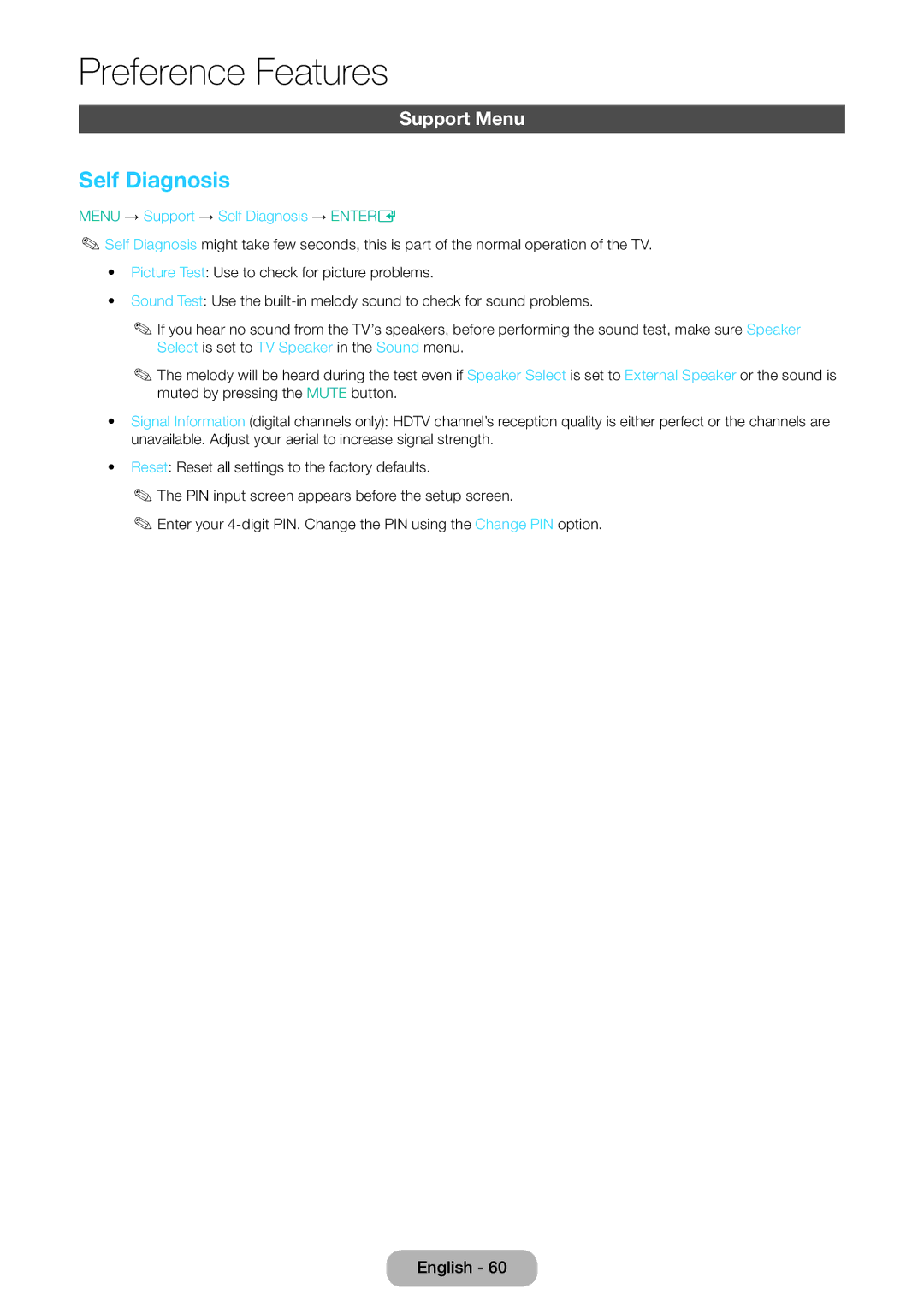 Samsung LT24E310EX/RU, LT24E310EXQ/XE, LT32E310EXQ/XE manual Support Menu, Menu → Support → Self Diagnosis → Entere 