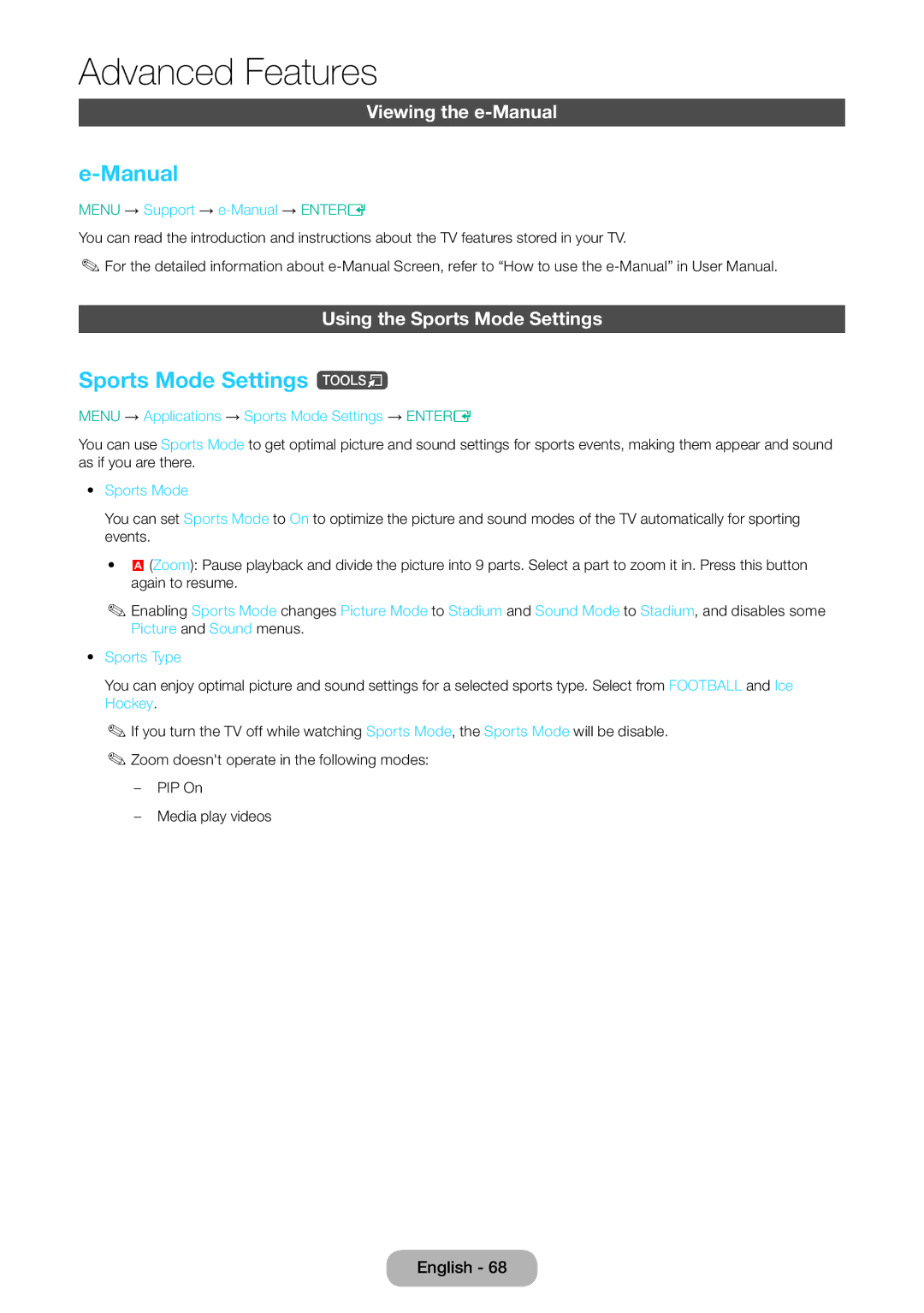 Samsung LT28E310EXQ/XE, LT24E310EXQ/XE Sports Mode Settings t, Viewing the e-Manual, Using the Sports Mode Settings 