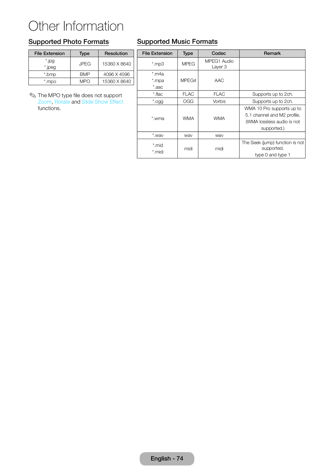 Samsung LT24E310EX/XE, LT24E310EXQ/XE, LT32E310EXQ/XE, LT28E310EX/XE manual Supported Photo Formats, Supported Music Formats 