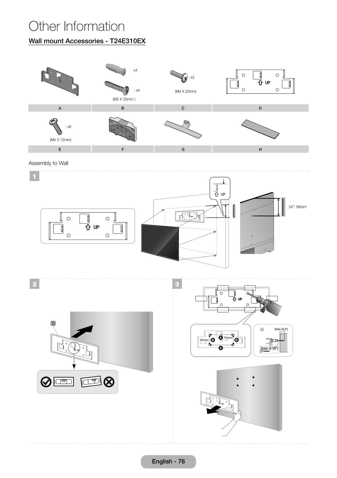 Samsung LT32E310EX/XE, LT24E310EXQ/XE, LT32E310EXQ/XE, LT24E310EX/XE, LT28E310EX/XE manual Wall mount Accessories T24E310EX 