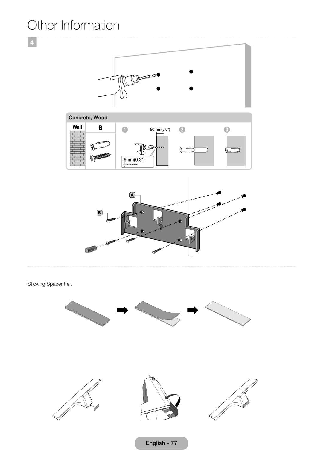 Samsung LT28E310EXQ/XE, LT24E310EXQ/XE, LT32E310EXQ/XE, LT24E310EX/XE, LT28E310EX/XE manual Concrete, Wood Sticking Spacer Felt 