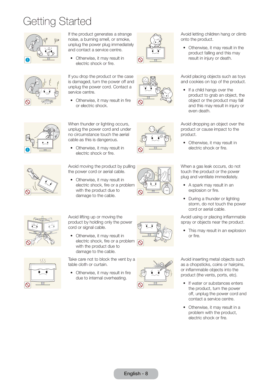 Samsung LT32E310EX/RU, LT24E310EXQ/XE, LT32E310EXQ/XE, LT24E310EX/XE, LT28E310EX/XE, LT32E310EX/XE manual Electric shock or fire 