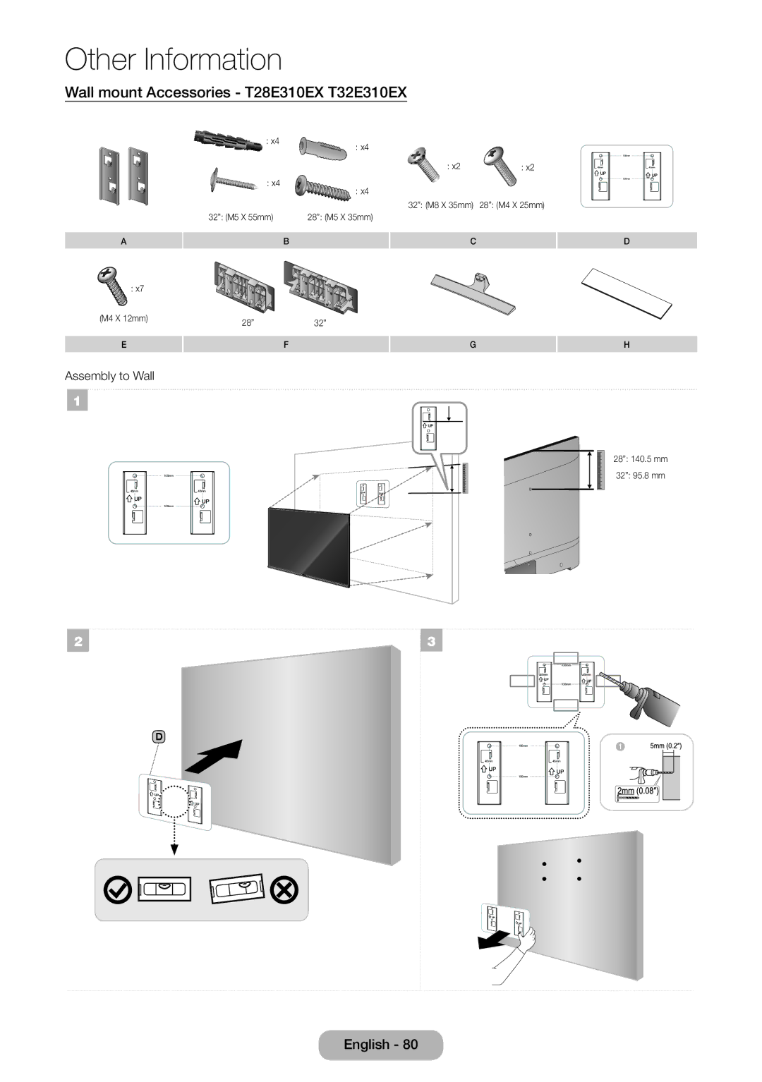 Samsung LT32E310EX/RU, LT24E310EXQ/XE, LT32E310EXQ/XE, LT24E310EX/XE manual Wall mount Accessories T28E310EX T32E310EX 