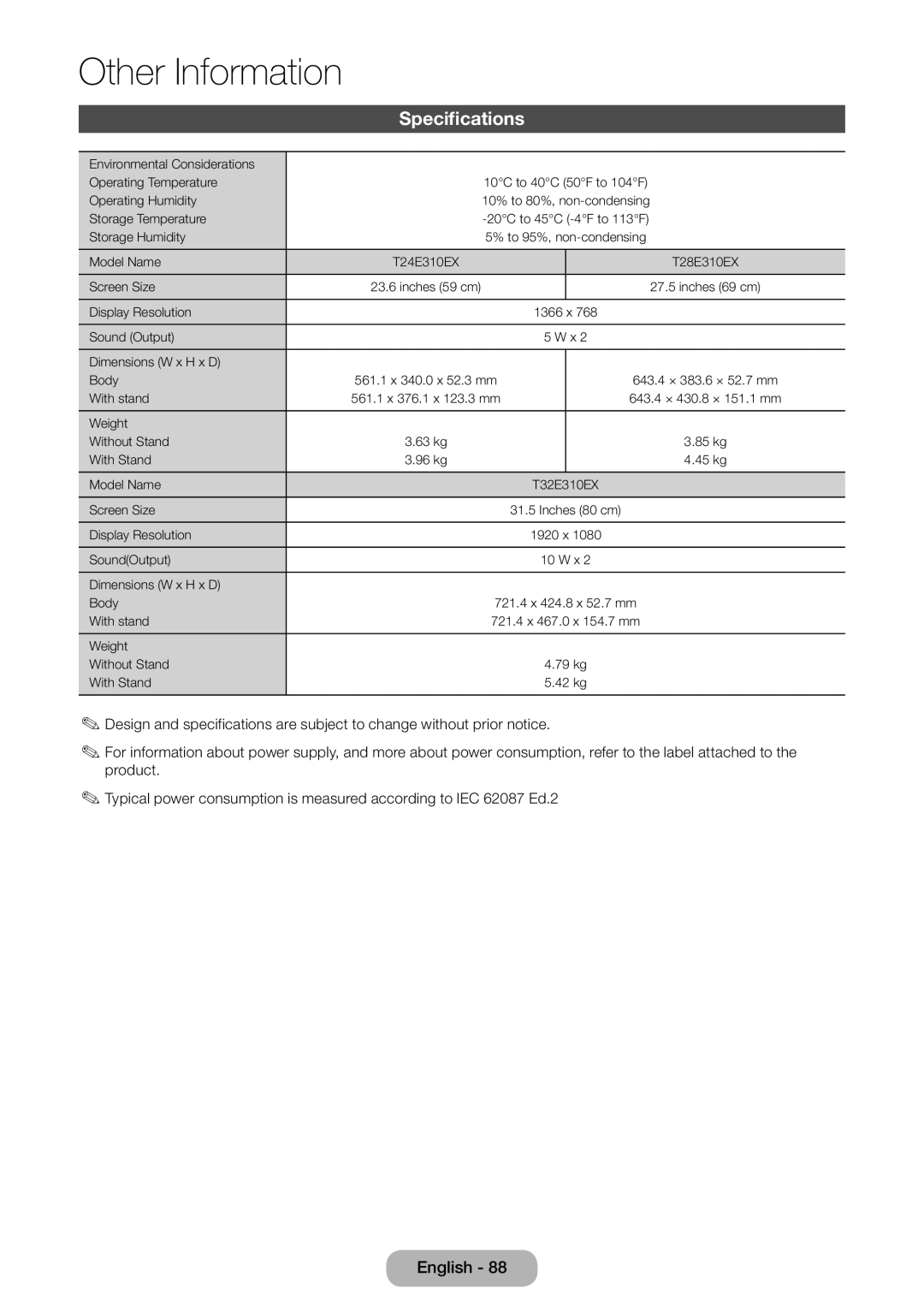 Samsung LT28E310EX/RU, LT24E310EXQ/XE, LT32E310EXQ/XE, LT24E310EX/XE, LT28E310EX/XE, LT32E310EX/XE manual Specifications 