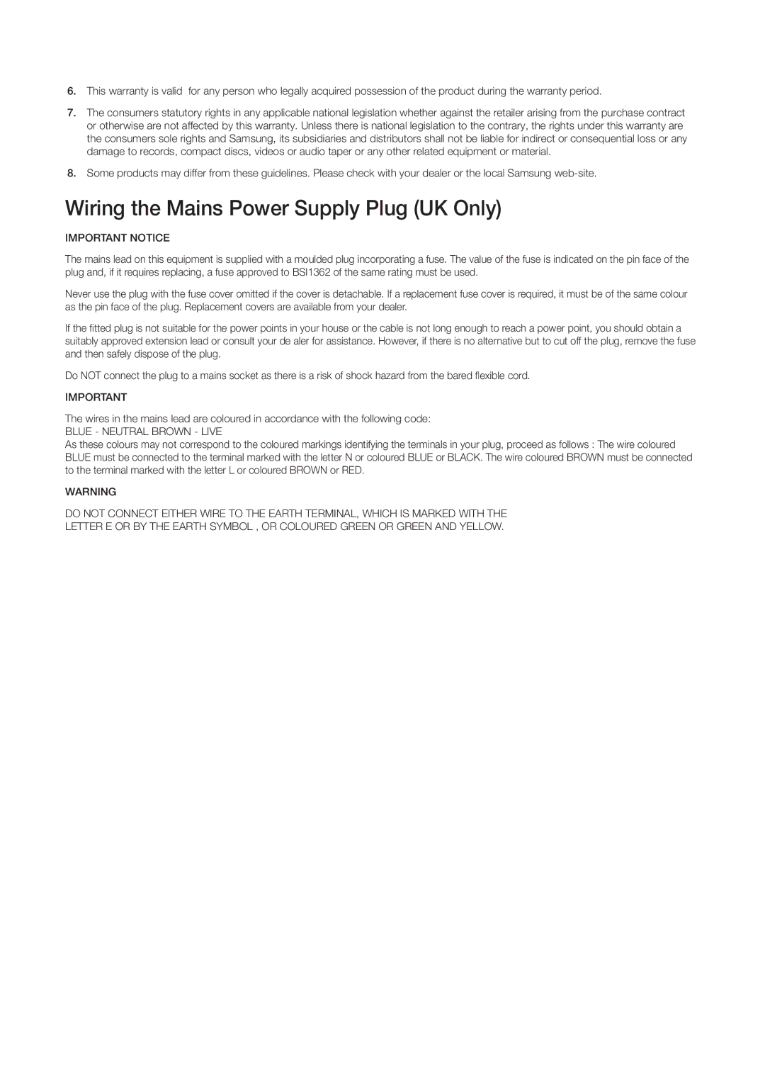 Samsung LT32E310EXQ/XE, LT24E310EXQ/XE, LT24E310EX/XE, LT28E310EX/XE manual Wiring the Mains Power Supply Plug UK Only 