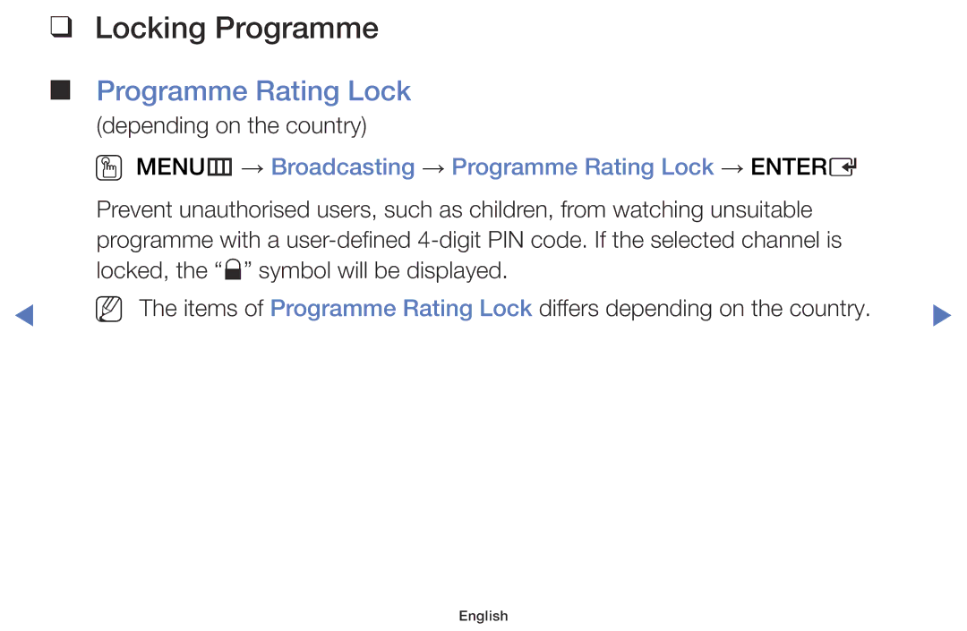 Samsung LT24E310EX/XE, LT24E310EXQ/XE manual Locking Programme, OO MENUm → Broadcasting → Programme Rating Lock → Entere 