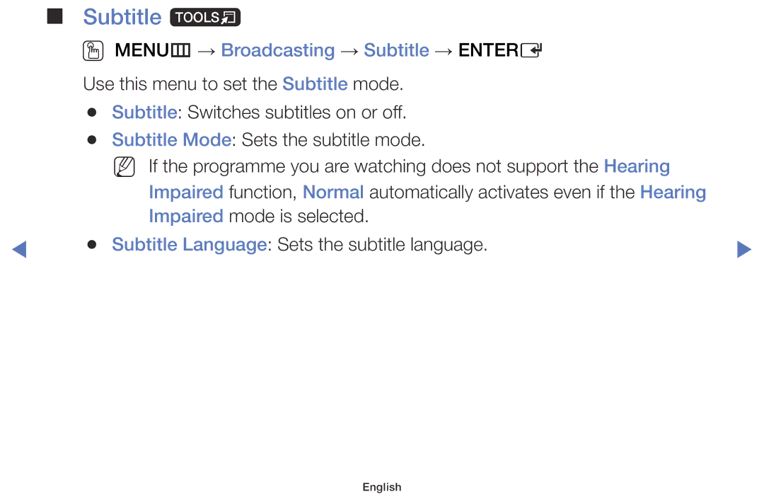 Samsung LT32E310EX/RU, LT24E310EXQ/XE, LT32E310EXQ/XE, LT24E310EX/XE Subtitle t, OO MENUm → Broadcasting → Subtitle → Entere 