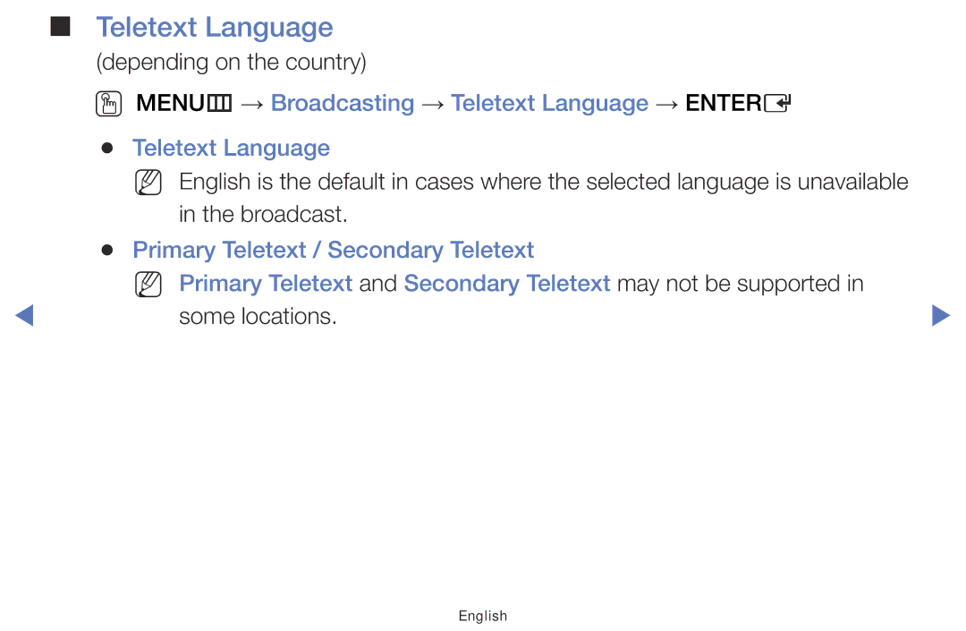 Samsung LT28E310EX/XE, LT24E310EXQ/XE, LT32E310EXQ/XE manual OO MENUm → Broadcasting → Teletext Language → Entere 