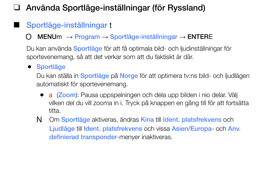 Samsung LT32E310EXQ/XE, LT24E310EXQ/XE manual Använda Sportläge-inställningar för Ryssland, Sportläge-inställningar t 