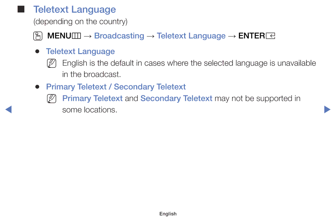 Samsung LT32E310EXQ/XE, LT24E310EXQ/XE, LT24E310EX/XE manual OO MENUm → Broadcasting → Teletext Language → Entere 