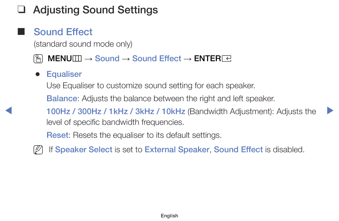 Samsung LT32E310EX/XE, LT24E310EXQ/XE Adjusting Sound Settings, OO MENUm → Sound → Sound Effect → Entere Equaliser 