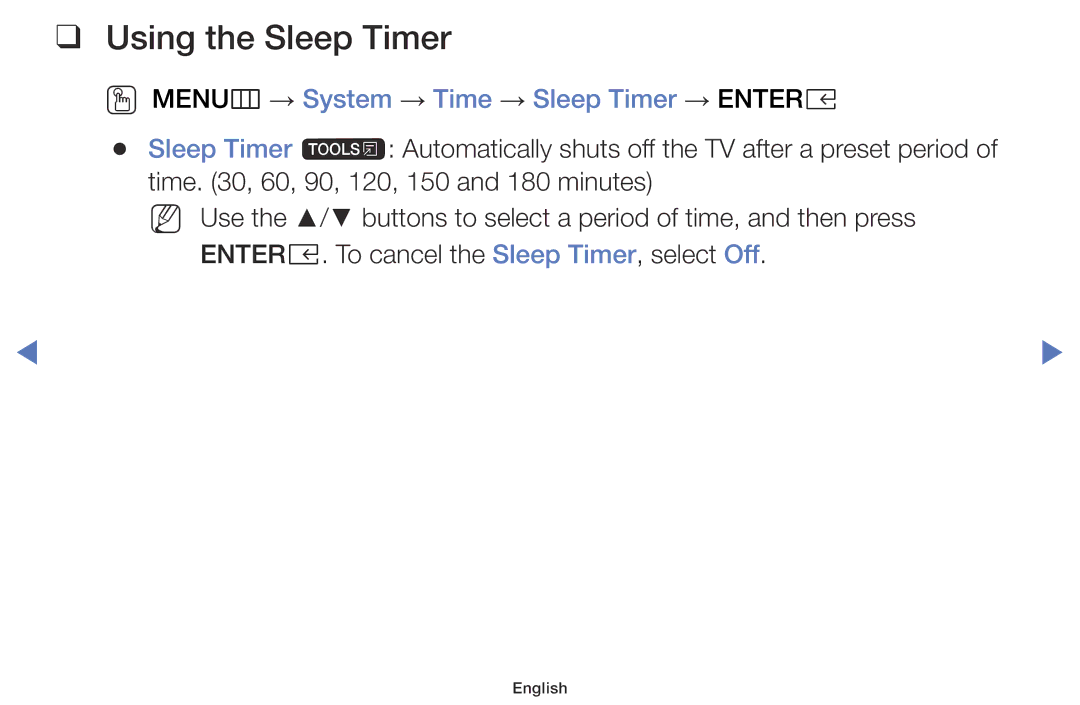 Samsung LT32E310EX/XE, LT24E310EXQ/XE, LT24E310EX/XE Using the Sleep Timer, OO MENUm → System → Time → Sleep Timer → Entere 