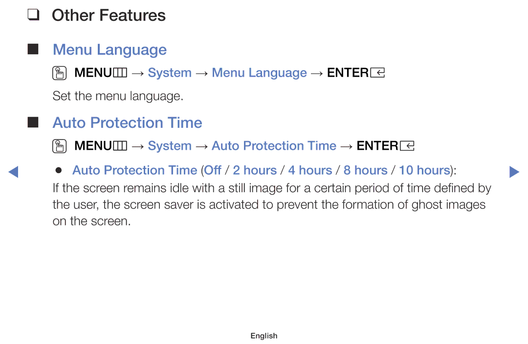 Samsung LT24E310EXQ/XE, LT32E310EXQ/XE, LT24E310EX/XE Auto Protection Time, OO MENUm → System → Menu Language → Entere 