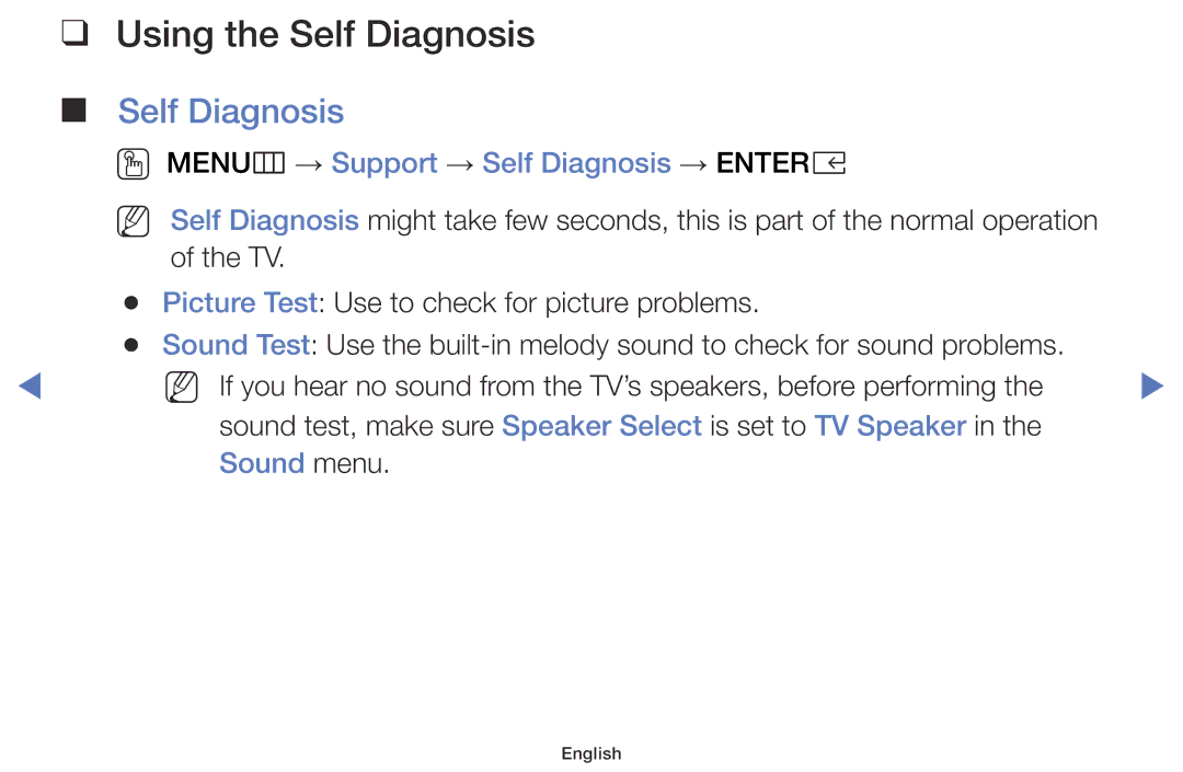 Samsung LT24E310EXQ/XE, LT32E310EXQ/XE Using the Self Diagnosis, OO MENUm → Support → Self Diagnosis → Entere, Sound menu 