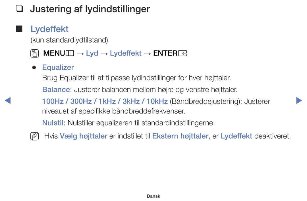 Samsung LT32E310EX/XE, LT24E310EXQ/XE, LT32E310EXQ/XE, LT24E310EX/XE Justering af lydindstillinger, Lydeffekt, Equalizer 